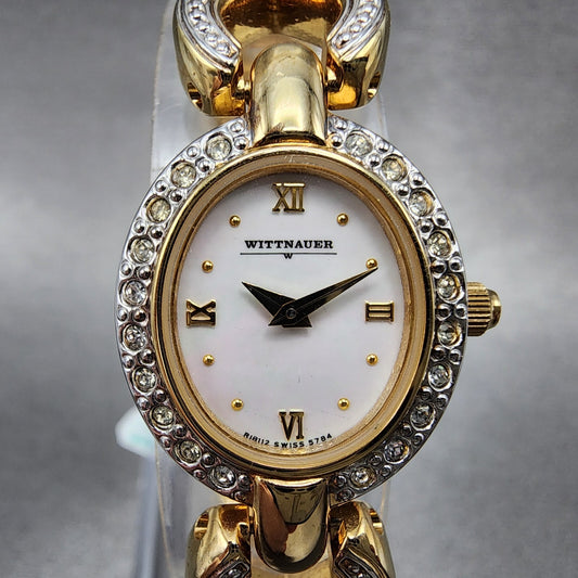 Wittnauer Watch Women 19mm MOP Dial Gold Tone Crystal Bezel Oval New Battery0