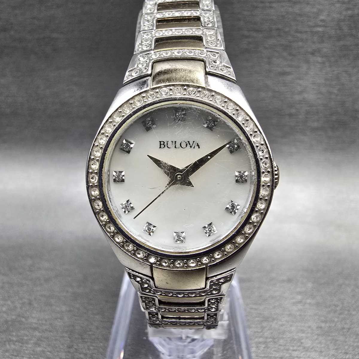Bulova Watch Women MOP Dial Two Tone Gemmed Round 98L198 New Battery0
