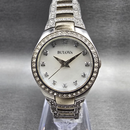 Bulova Watch Women MOP Dial Two Tone Gemmed Round 98L198 New Battery0