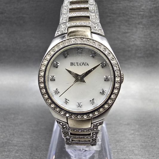 Bulova Watch Women MOP Dial Two Tone Gemmed Round 98L198 New Battery0
