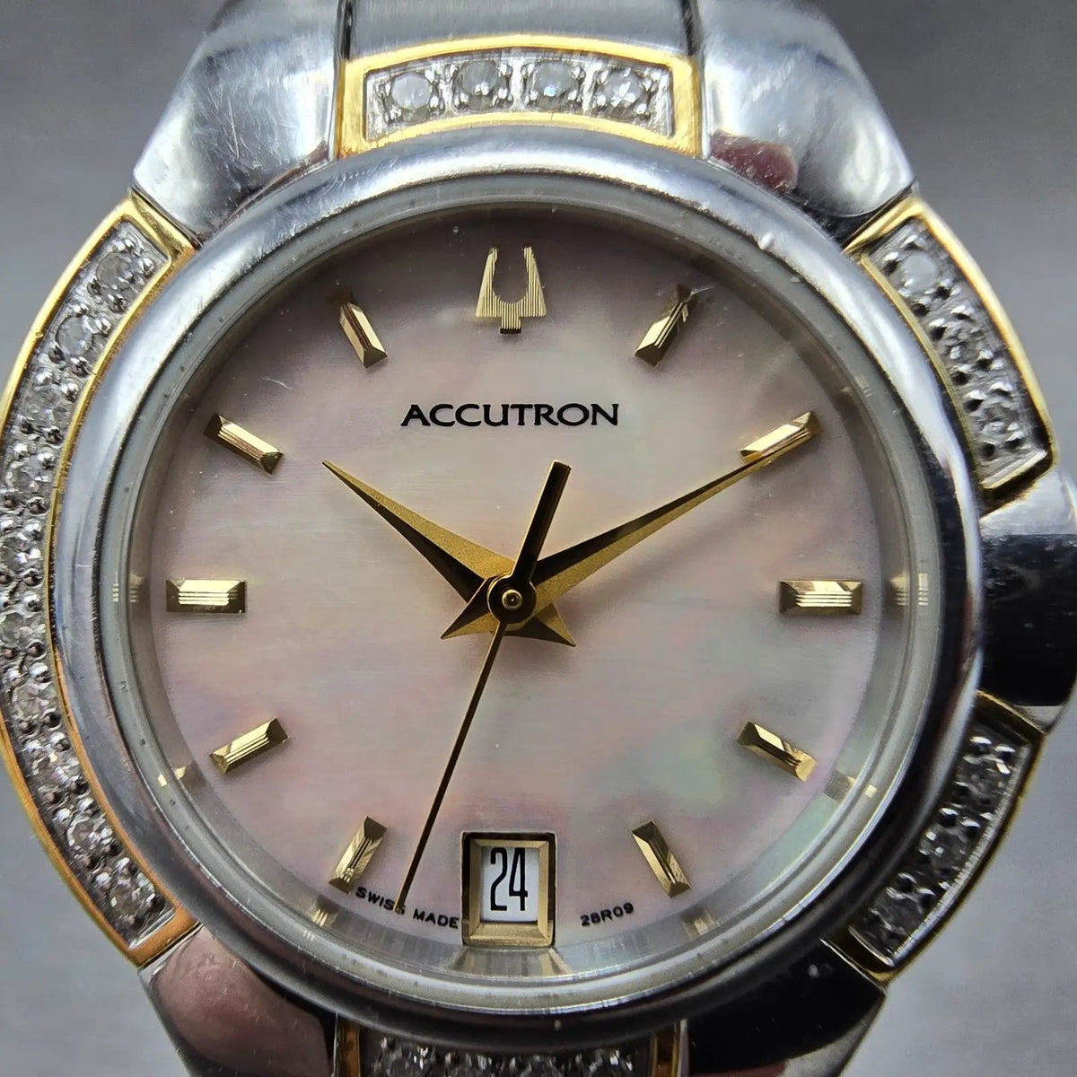 Bulova Accutron Watch Women 28mm MOP Dial Two Tone Date Diamonds New Batt 28R091