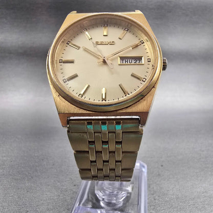 Seiko Watch Men 35mm Champagne Dial Gold Tone Daydate Round V743-9029 New Batt5