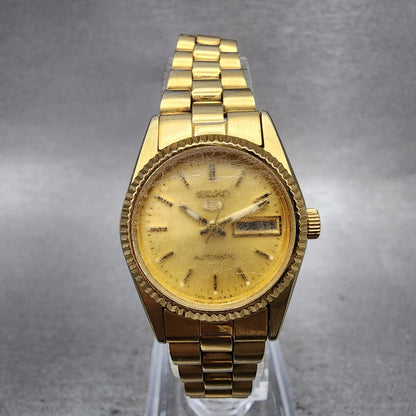 Seiko 5 Automatic Watch Women 24mm Champagne Dial Gold Tone Daydate Runs0