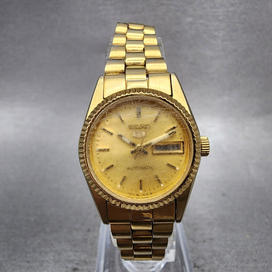 Seiko 5 Automatic Watch Women 24mm Champagne Dial Gold Tone Daydate Runs0