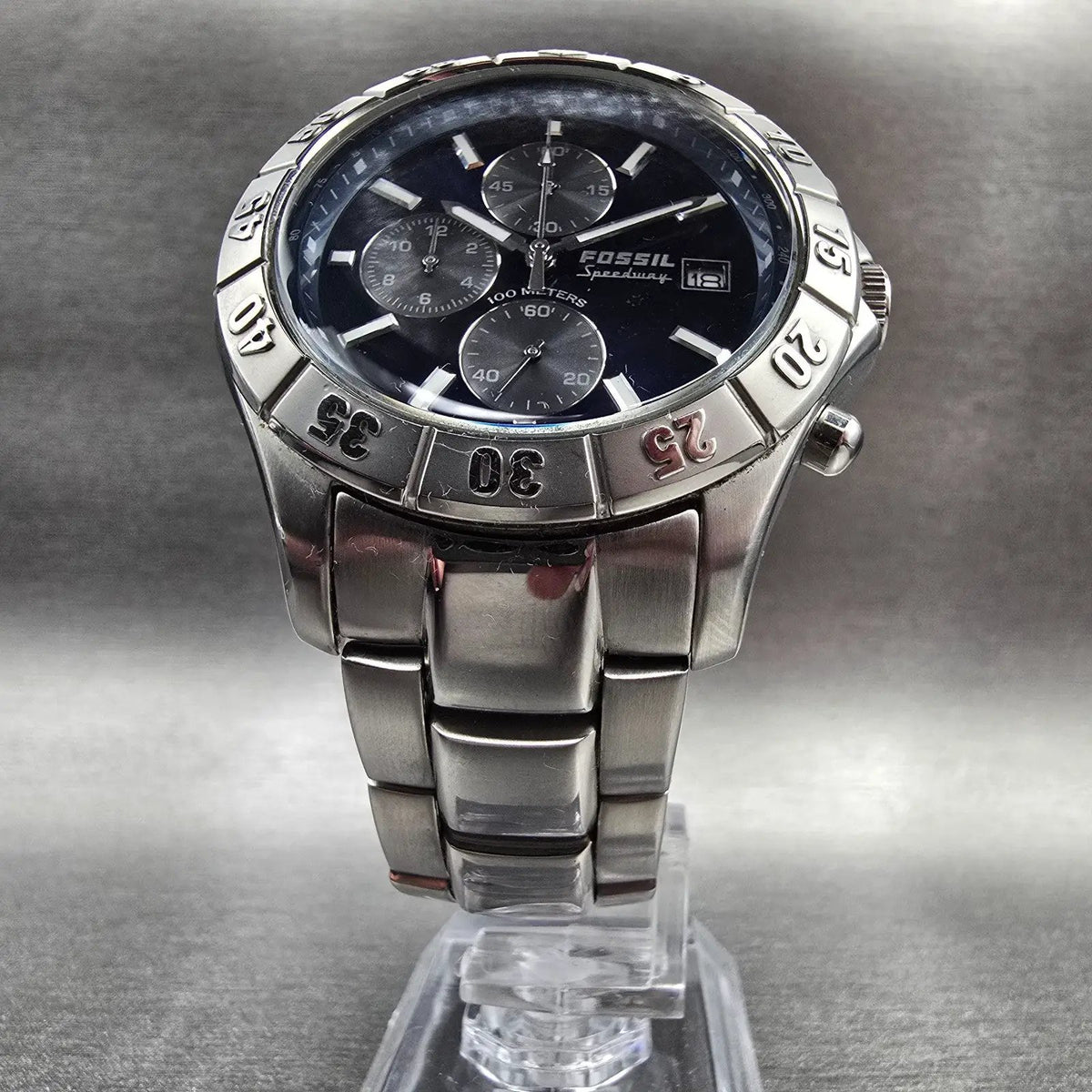 Fossil Speedway Watch Men 41mm Blue Dial Silver Tone Chrono Date Ch-2332 New Bat5