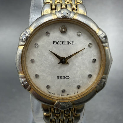Seiko Exceline Watch Women 21mm White Dial Gold Tone Round 4N20-0640 New Batt1