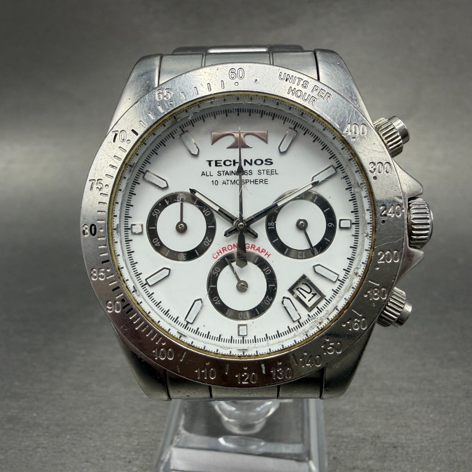 Technos Chronograph Watch Men 41mm White Dial Silver Tone Round T5128New Batt A0
