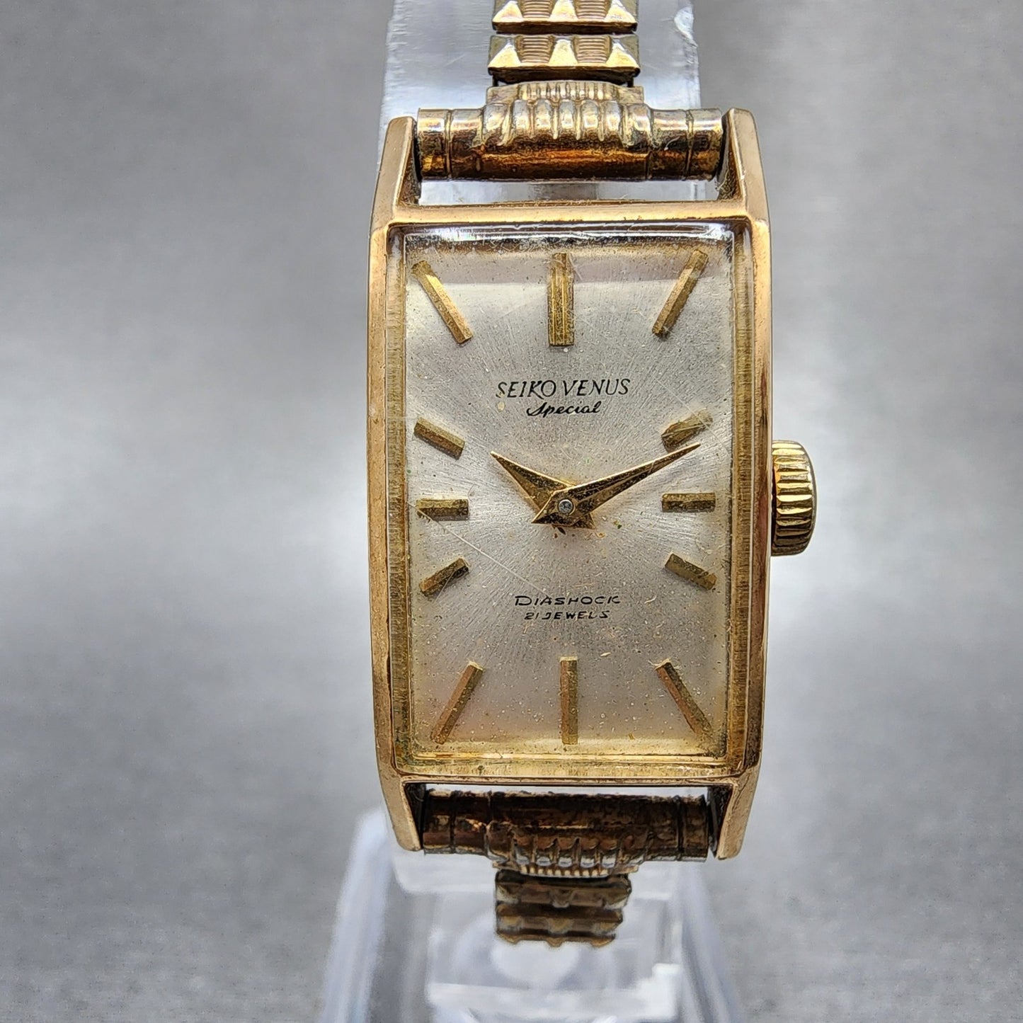 Seiko Venus Special Tank Watch Women 16mm Silver Dial 14K Gold Filled Manual Run0