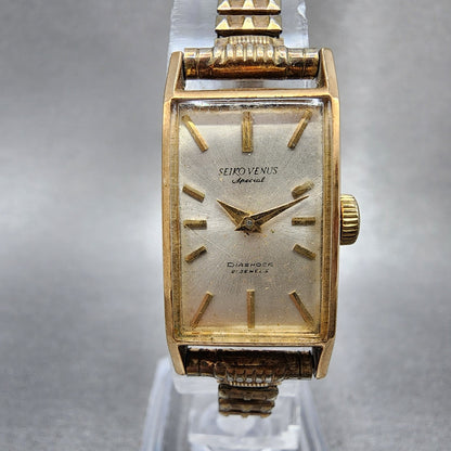 Seiko Venus Special Tank Watch Women 16mm Silver Dial 14K Gold Filled Manual Run0