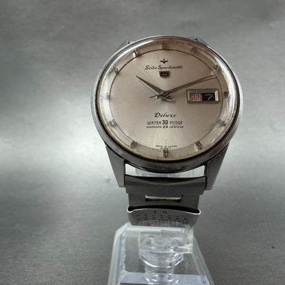Seiko Sports Matic 5 Deluxe Watch Men 37mm Silver Dial Steel Daydate Round Runs5