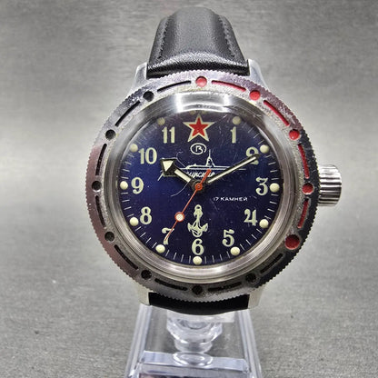 VOSTOK Komandirskie Watch Men 40mm Blue Dial Silver Tone Manual Wind Runs VTG0