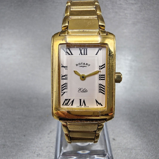 Rotary Elite Tank Watch Women 20mm White Dial Gold Tone Rectangle New Battery