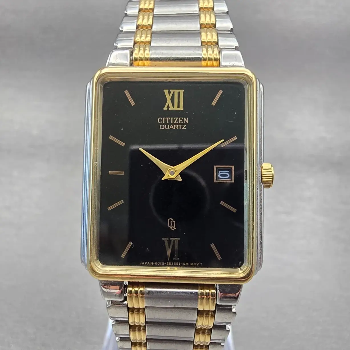 Citizen Tank Watch Men 25mm Black Dial Two Tone Date Rectangle 6015 New Battery0