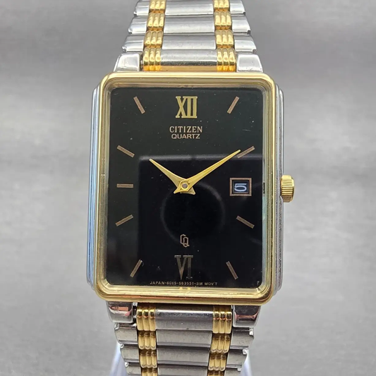 Citizen Tank Watch Men 25mm Black Dial Two Tone Date Rectangle 6015 New Battery0