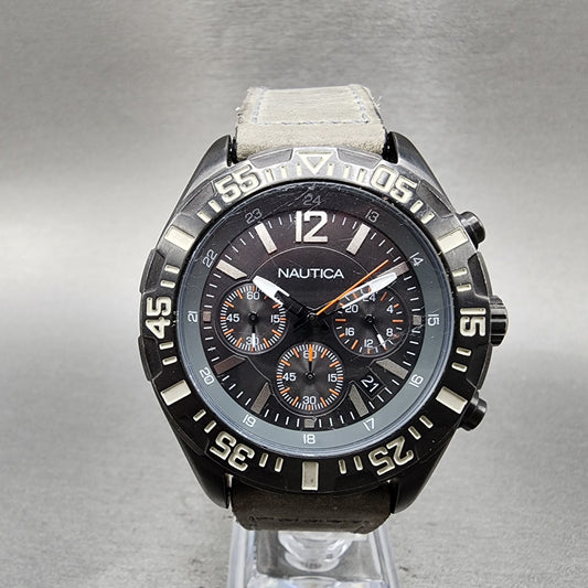 Nautica Chronograph Dive Watch Men 45mm Gray Dial Black Tone Date Round New Batt