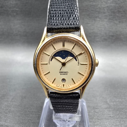 Seiko Moon Phase Watch Women 25mm Champagne Dial Gold Date 4K24-0019 New Batt 450