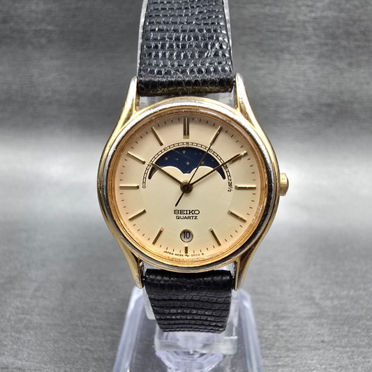 Seiko Moon Phase Watch Women 25mm Champagne Dial Gold Date 4K24-0019 New Batt 450