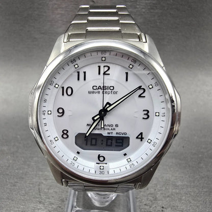 Casio Wave Ceptor Watch Men 42mm White Dial Steel Solar Analog Digital Works KFT0