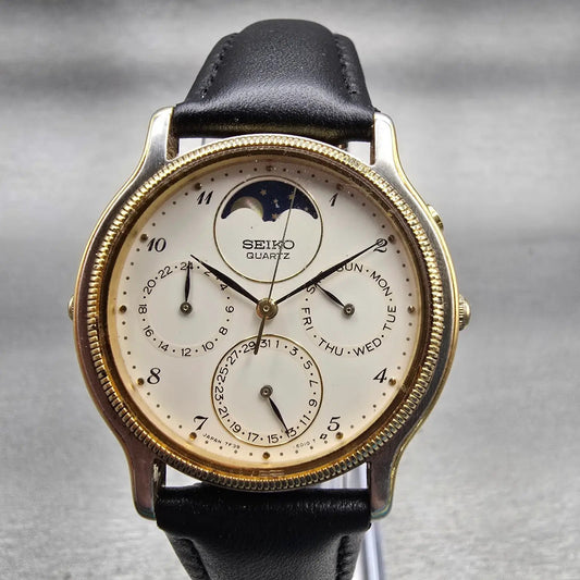 Seiko Moon Phase Watch Men 34mm Ivory Dial Gold Tone Daydate 7F39-6029 New Batt0
