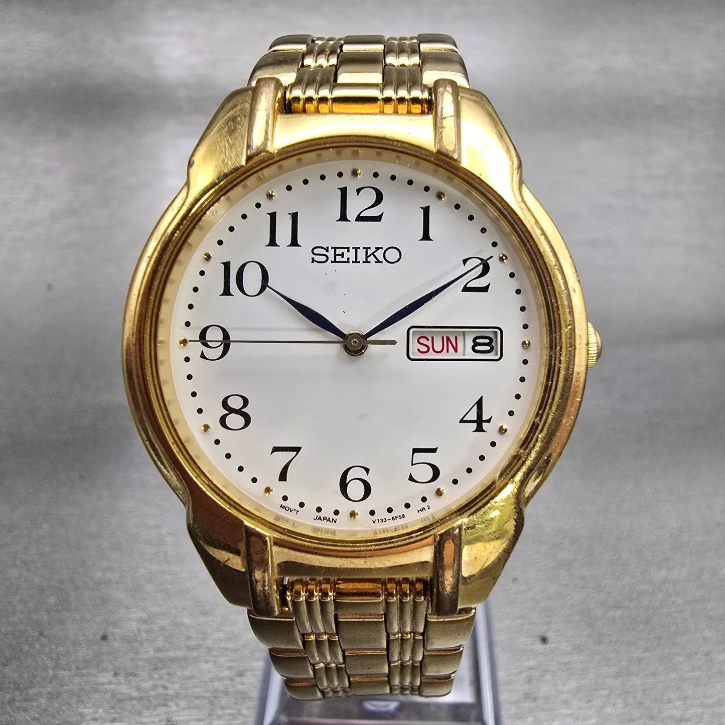 Seiko Watch Men 34mm White Dial Gold Tone Daydate Round V733-6C80 New Battery0