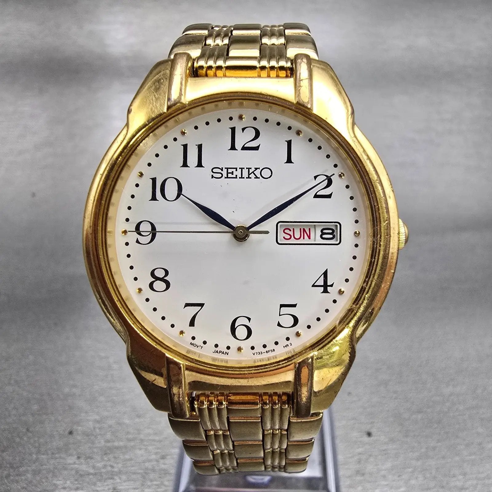 Seiko Watch Men 34mm White Dial Gold Tone Daydate Round V733-6C80 New Battery0