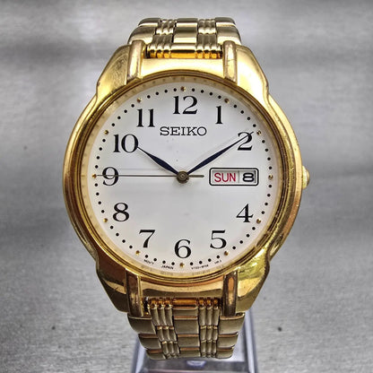 Seiko Watch Men 34mm White Dial Gold Tone Daydate Round V733-6C80 New Battery0