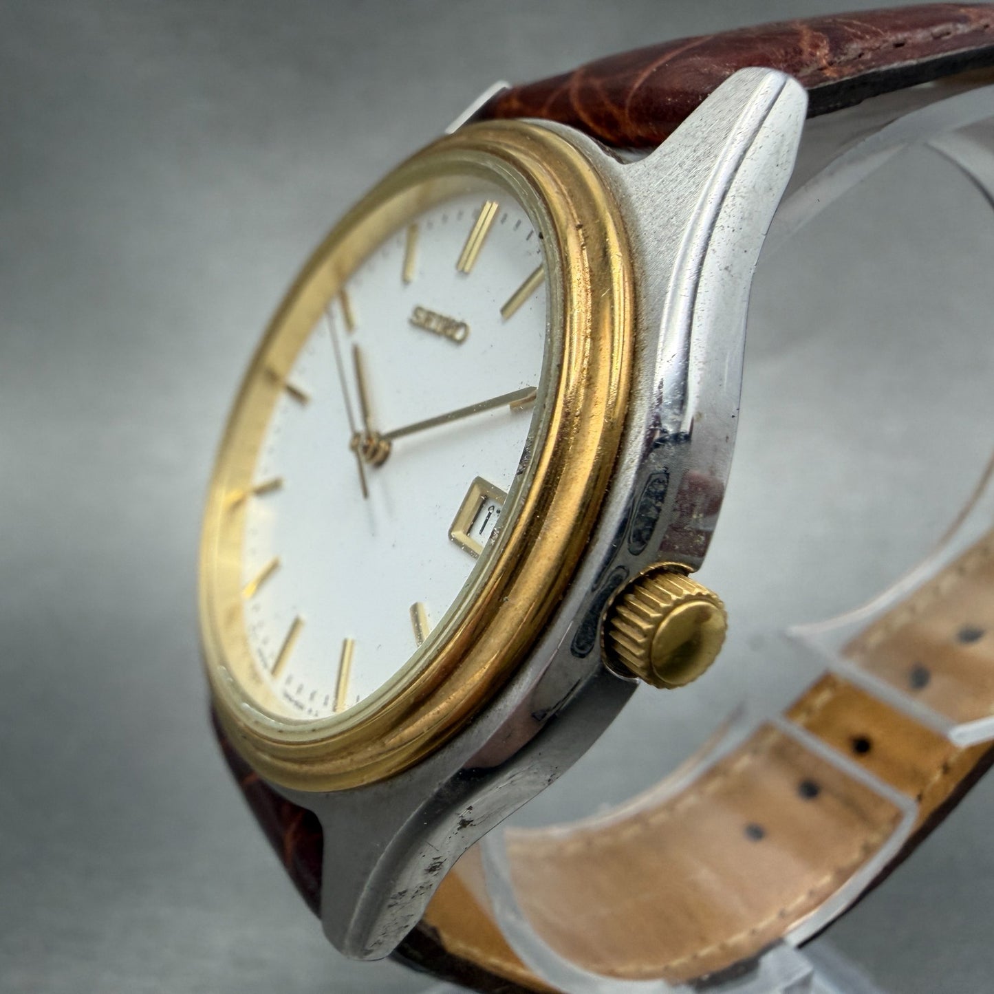 Seiko Watch Men 37mm White Dial Two Tone Date Round 7n42-8089 New Battery2
