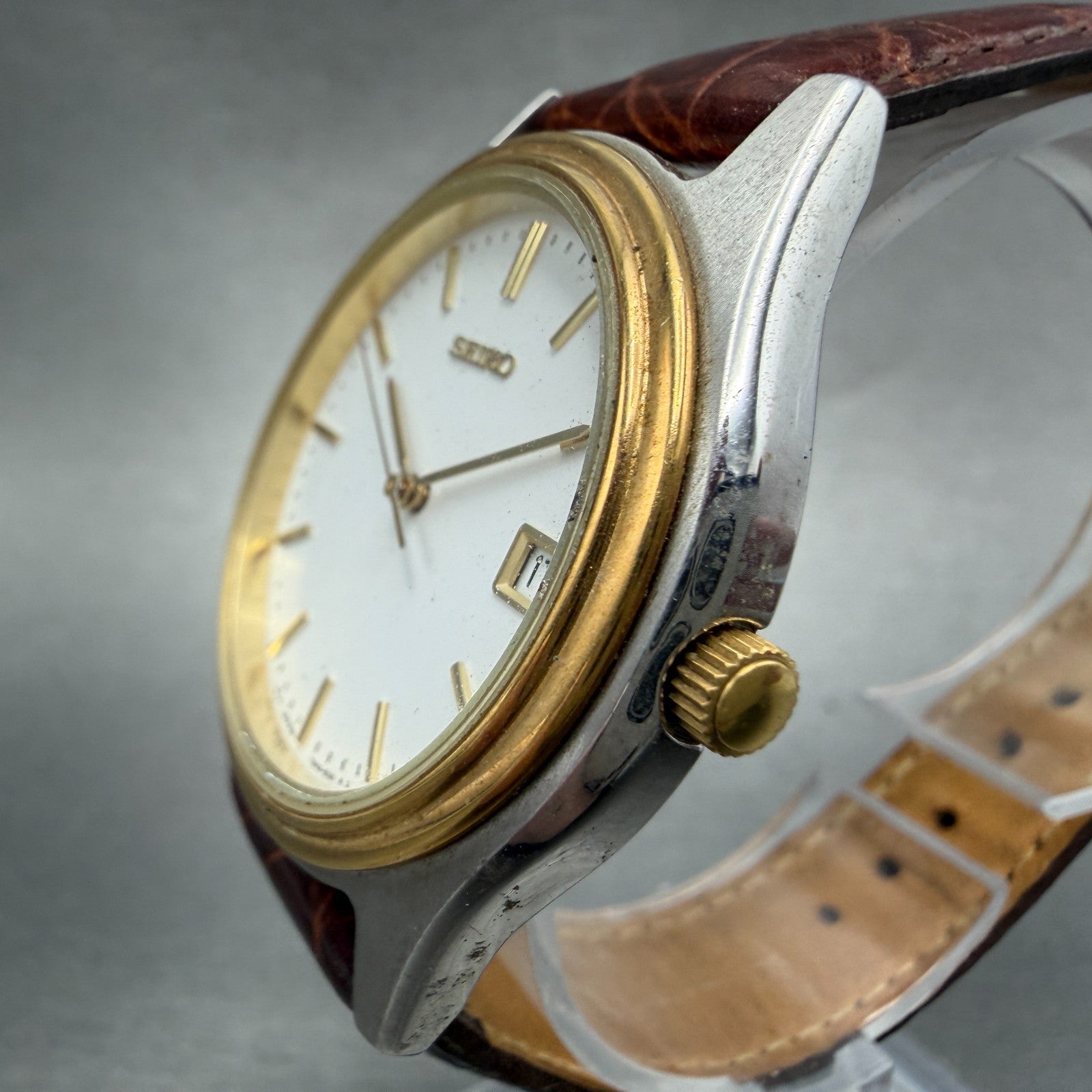 Seiko Watch Men 37mm White Dial Two Tone Date Round 7n42-8089 New Battery2