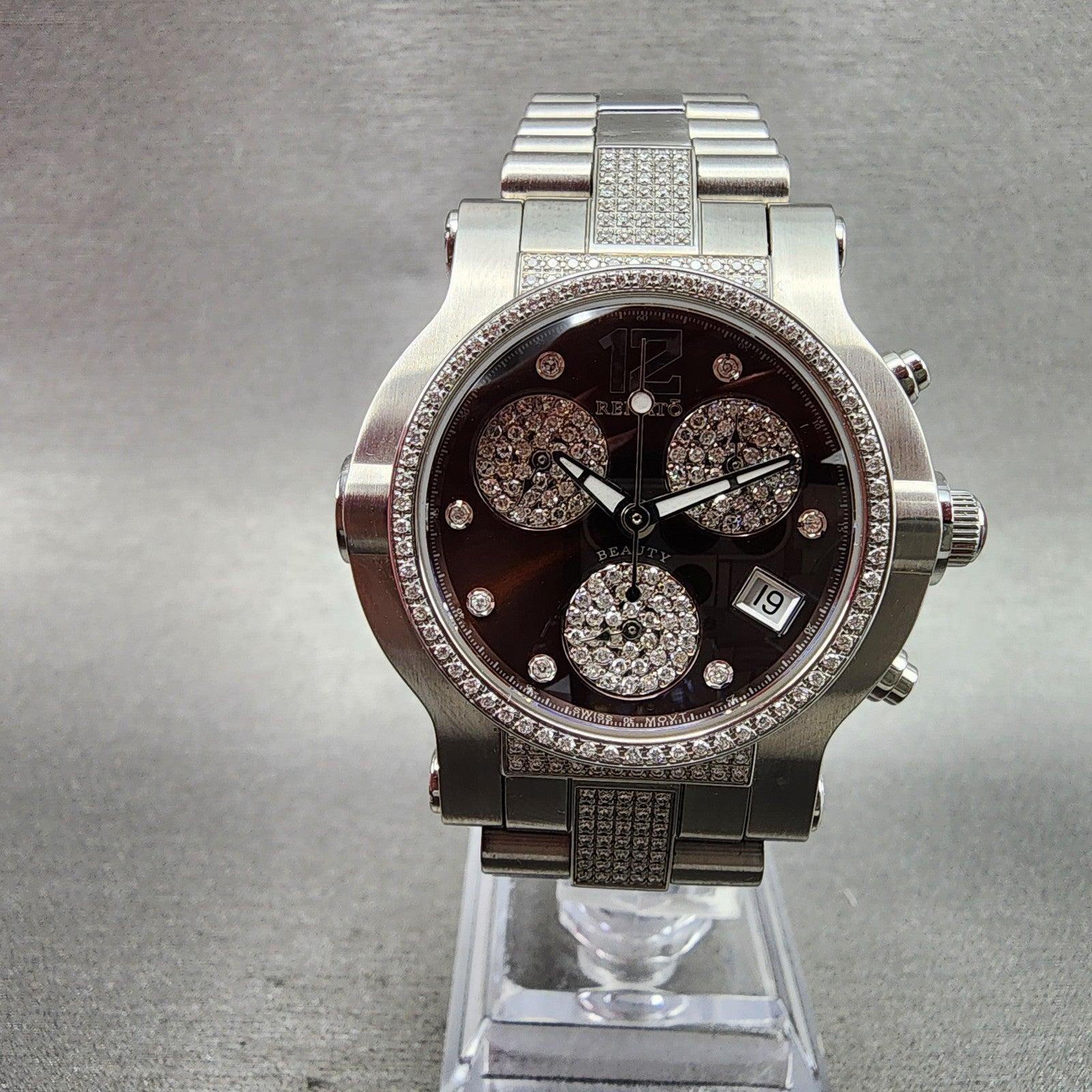 Renato Beauty Chronograph Watch Women 36mm Brown Dial Steel Diamond New Battery1