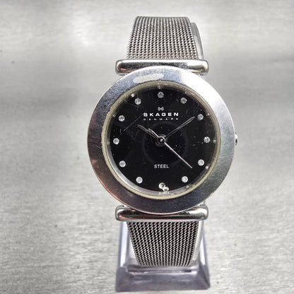 Skagen Watch Women 25mm Black Dial Silver Tone Round 107SSSBD New Battery0
