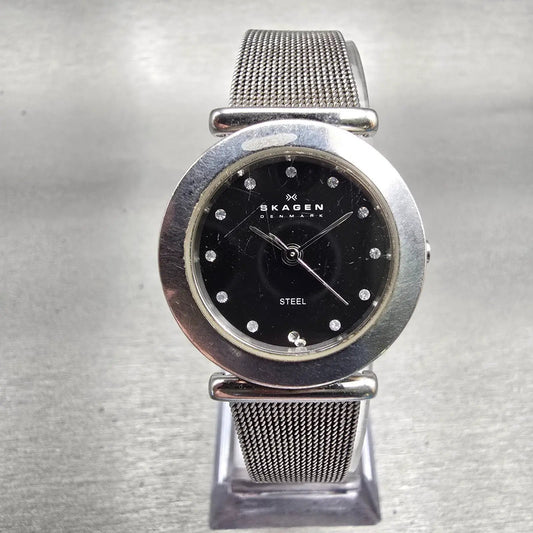 Skagen Watch Women 25mm Black Dial Silver Tone Round 107SSSBD New Battery0