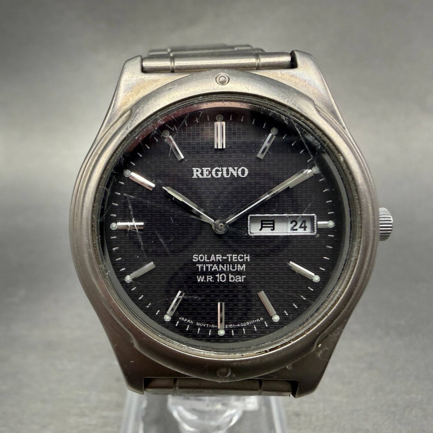 Citizen Reguno Watch Men 36mm Black Dial Titanium Daydate Solar Round Runs E1010