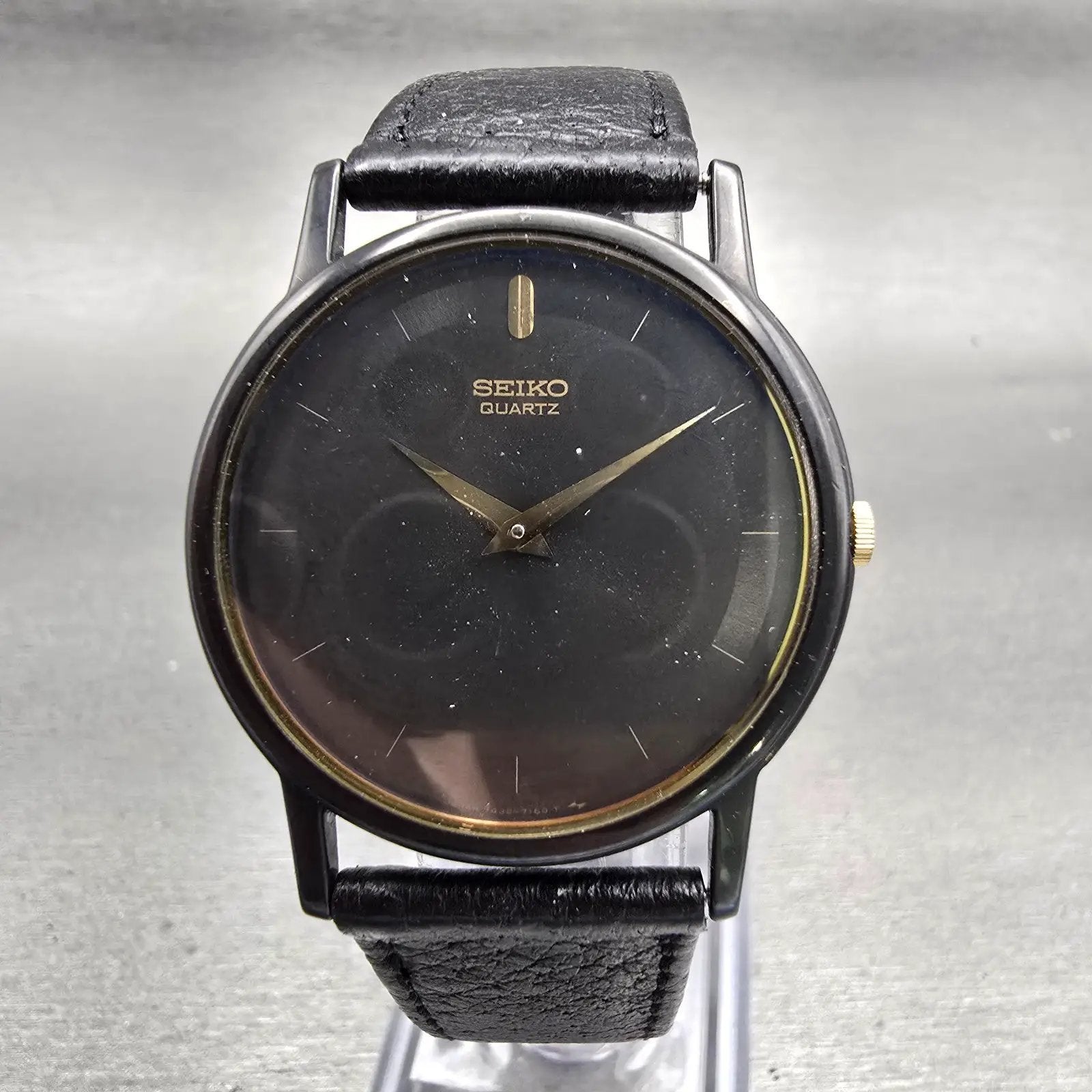 Seiko Watch Men 32mm Black Dial Black Tone Round 7430-7039 New Battery Vintage0