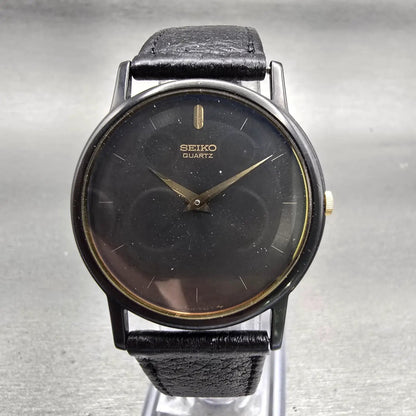 Seiko Watch Men 32mm Black Dial Black Tone Round 7430-7039 New Battery Vintage0