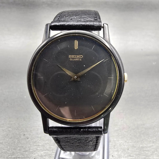 Seiko Watch Men 32mm Black Dial Black Tone Round 7430-7039 New Battery Vintage0