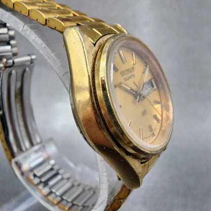 Seiko SQ Watch Women 24mm Gold Dial Gold Tone Daydate Round 34230099 New Batt2