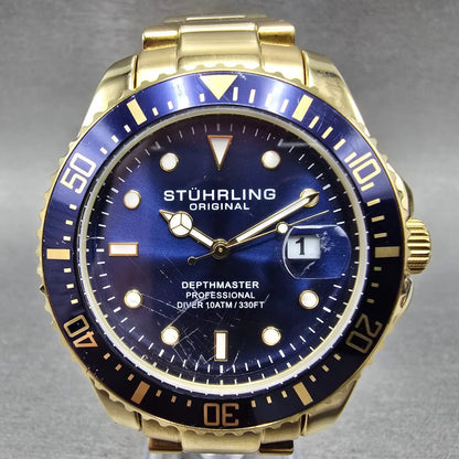Stuhrling Depthmaster Dive Watch Men 43mm Blue Dial Gold Dial Date Round NewBatt0