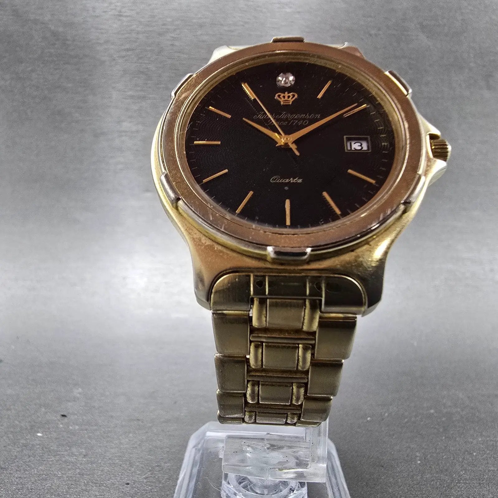 Jules Jurgenson Watch Men 37mm Black Dial Gold Tone Date Round New Battery VTG5