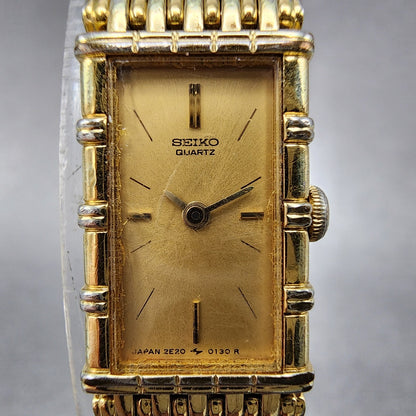 Seiko Tank Watch Women 12mm Champagne Dial Gold Tone 2e205070 New Battery1