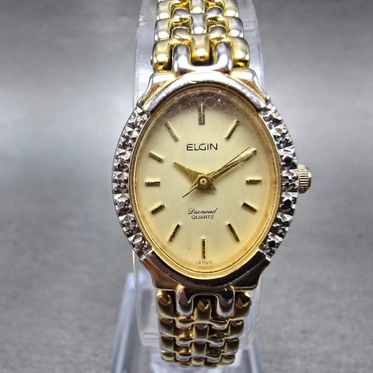 Elgin Watch Women 18mm Champagne Dial Gold Tone Oval Crystal Accent  New Battery0
