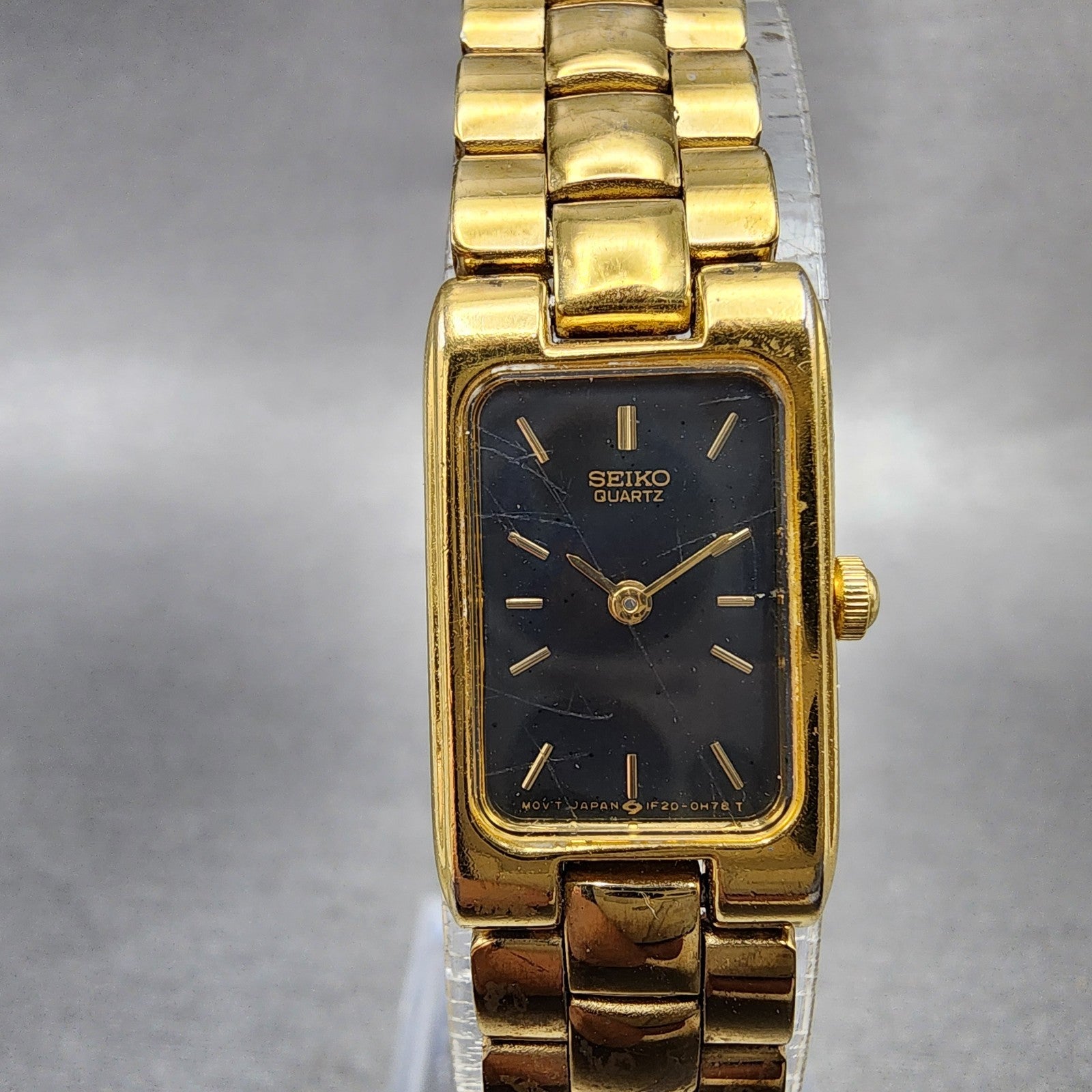 Seiko Tank Watch Women 14mm Black Dial Gold Tone Rectangle 1F205D20 New Battery0