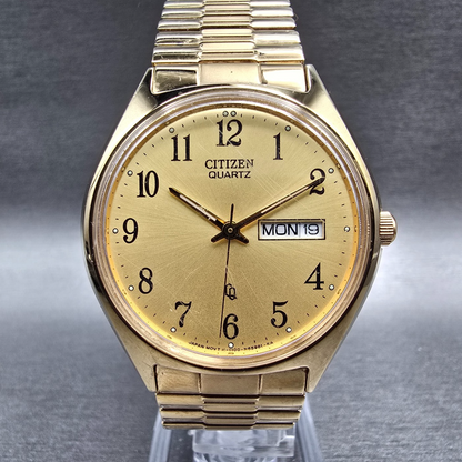 Citizen CQ Watch Men 35mm Gold Dial Gold Tone Daydate 1100-S63812 New Battery JL0