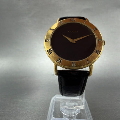 Gucci 3000M Watch Men 33mm Black Dial Gold Plated Round Leather New Battery5