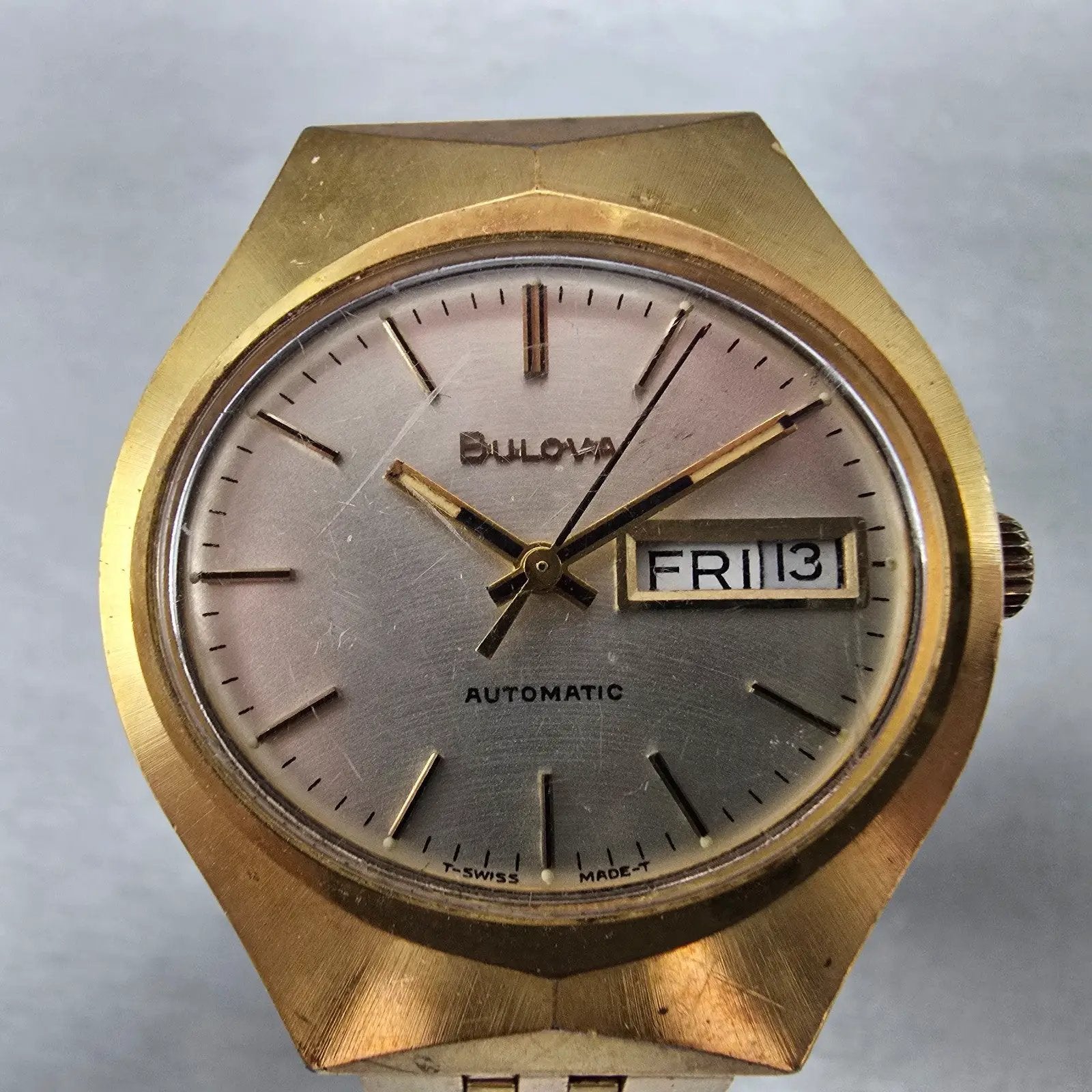 Bulova Automatic Watch Men 35mm Silver Dial Gold Tone Daydate Round N7 PARTS VTG3