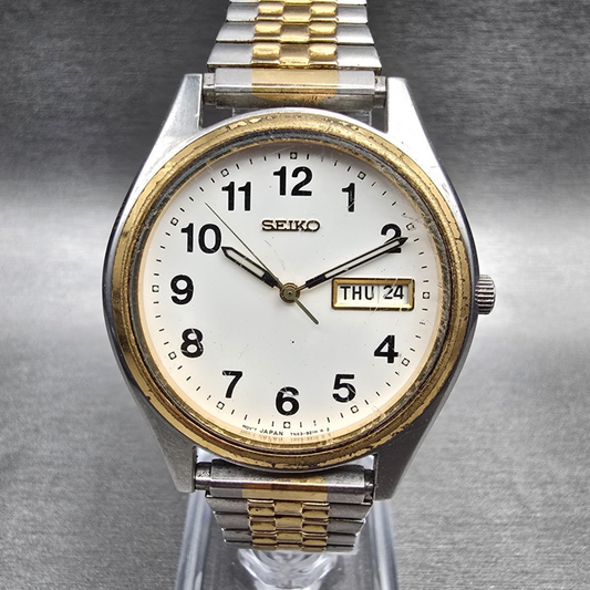 Seiko Watch Men 36mm White Dial Two Tone Daydate Round 7N43-9048 New Battery0
