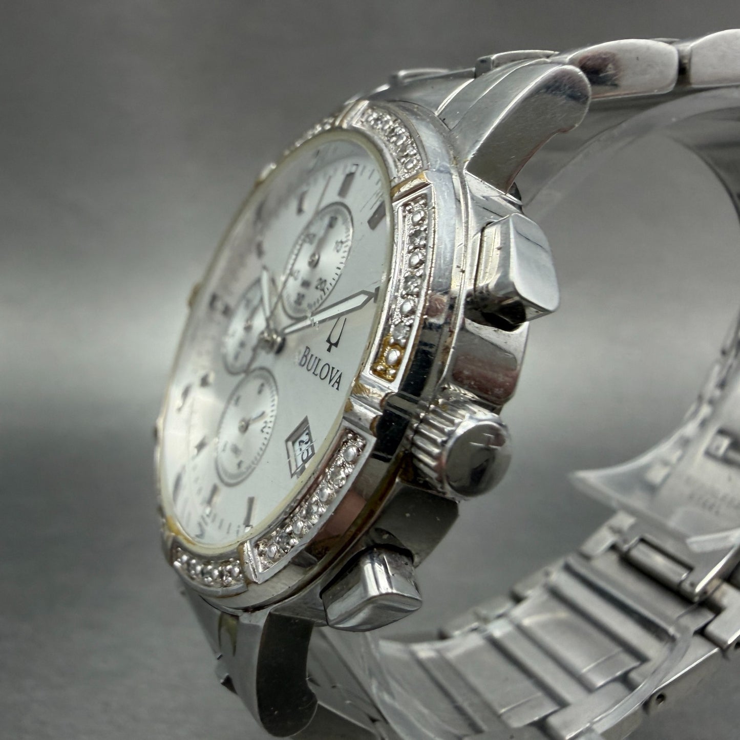 Bulova Watch Men 39mm Silver Dial Steel Daydate Round Diamond 96E03 New Batttery2