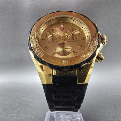Michele Tahitian Chronograph Watch Women 40mm Black Dial Gold Date New Battery5