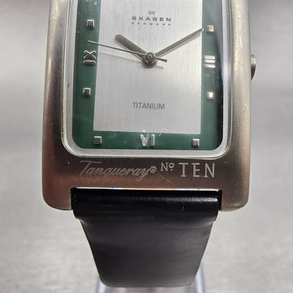 Skagen Watch Men 26mm Silver Green Dial Titanium Rectangle 177LTL New Battery2