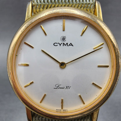 Cyma Louis XV Watch Men 32mm White Dial Gold Tone Round Nato Strap New Battery