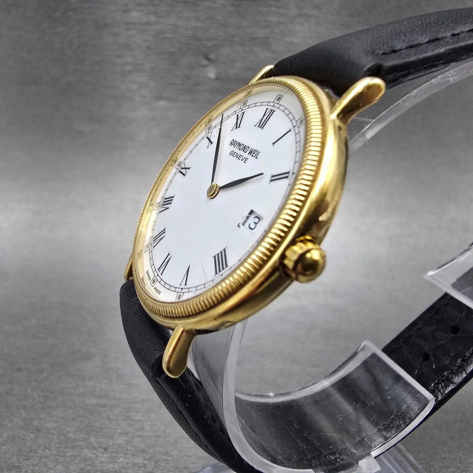 Raymond Weil Watch Men 32mm White Dial Gold Plated Date Round 5514 New Battery S2